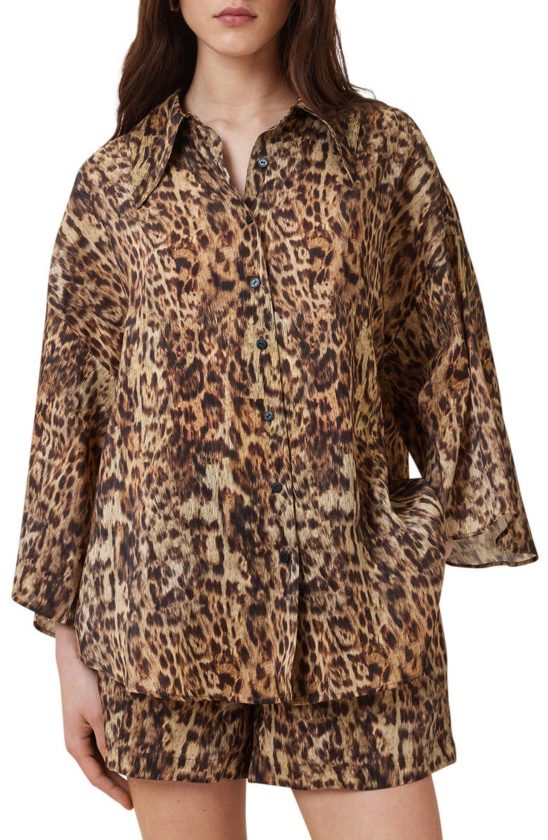 AllSaints Charli Leopard Print Linen & Silk Button-Up Shirt, Main, color, 