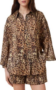 AllSaints Charli Leopard Print Linen & Silk Button-Up Shirt