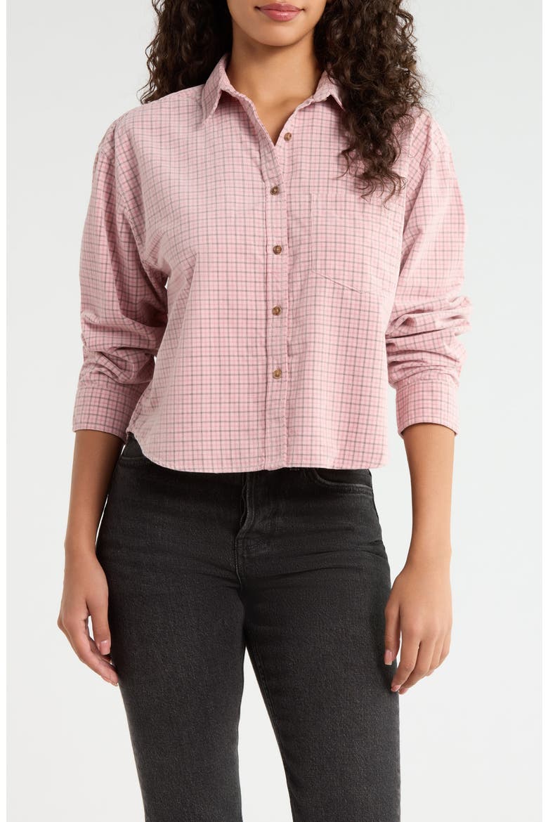 Tattersall Cotton Corduroy Crop Button-Up Shirt, Main, color, MAUVE TATTERSALL