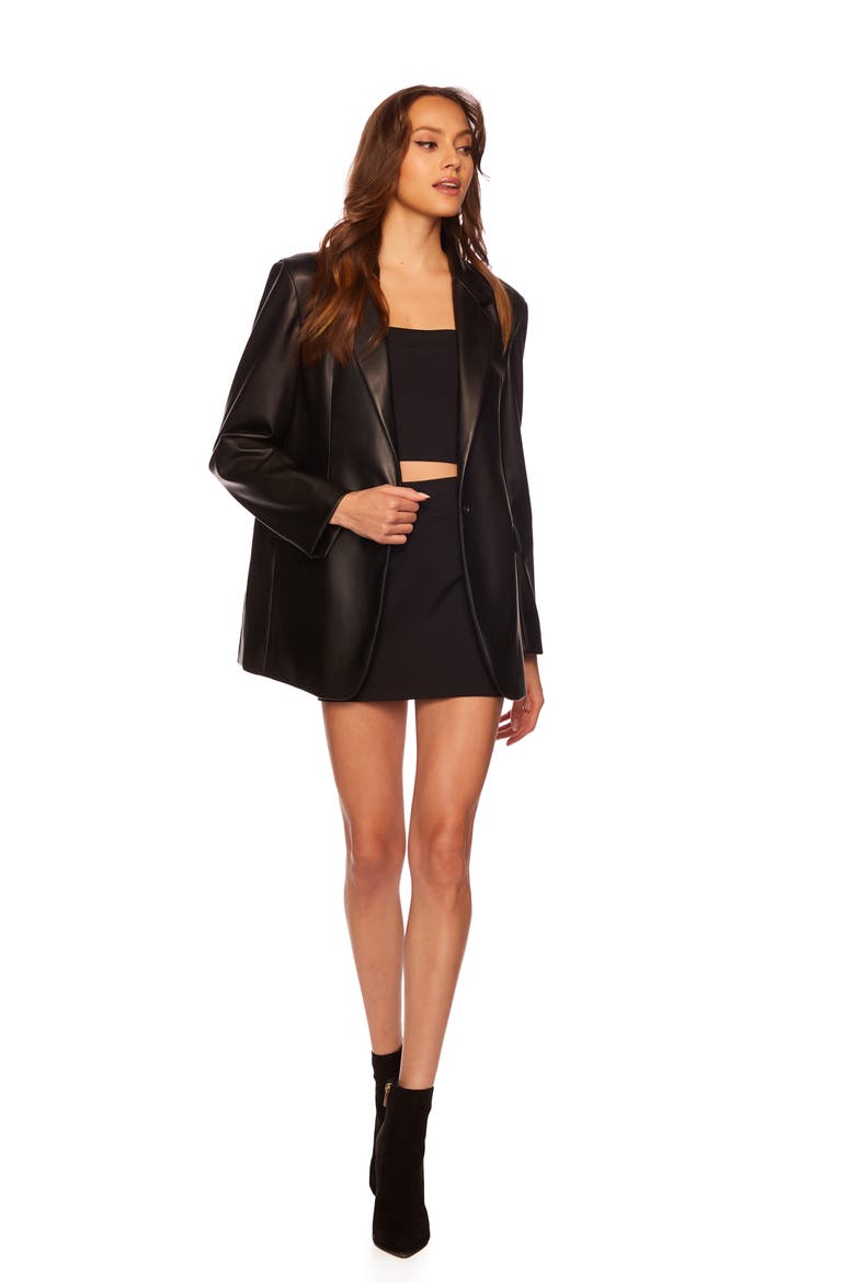 Faux Leather One-Button Boyfriend Blazer, Alternate, color, BLACK