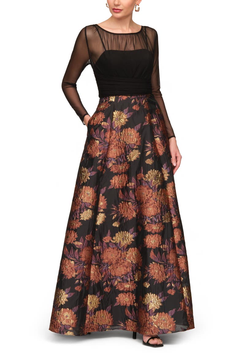Yuna Long Sleeve Mixed Media Metallic Floral Jacquard Gown, Alternate, color, BLACK MULTI