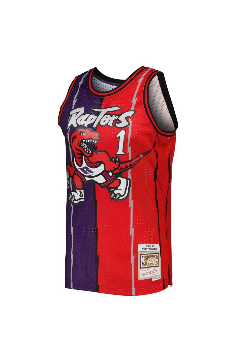 Mitchell & Ness Men's Mitchell & Ness Tracy McGrady Purple/Red Toronto Raptors Hardwood Classics 1998/99 Split Swingman Jersey, Alternate, color, 
