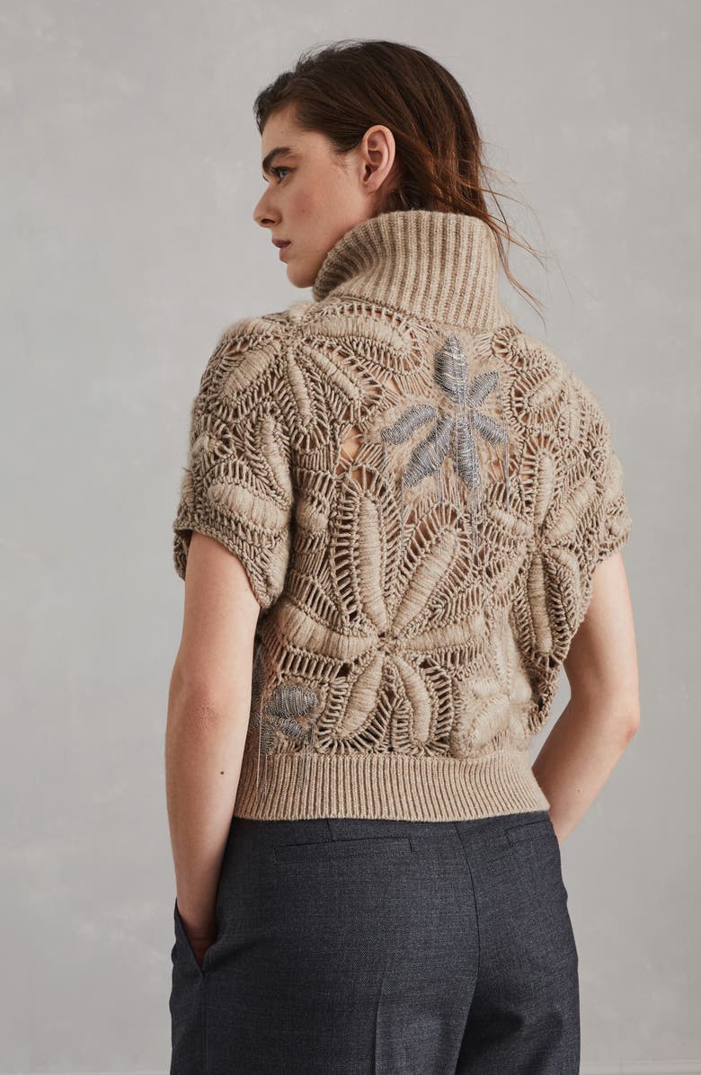 Brunello Cucinelli Handmade Flower Crochet OPERA cardigan in cashmere Feather yarn, Alternate, color, 