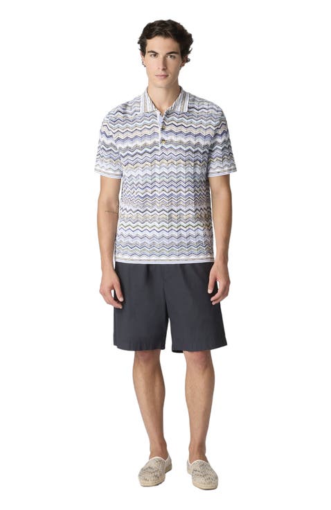 Cotton Knit Polo Shirt With Chevron Pattern