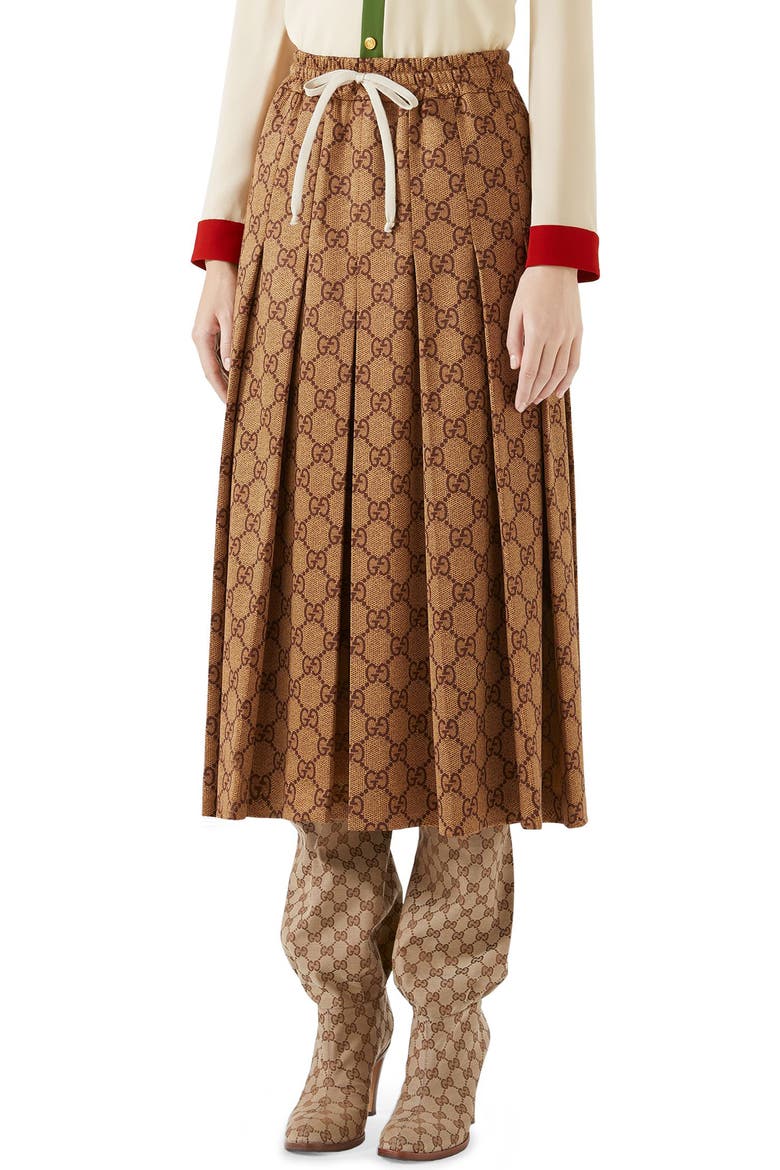 GG Print Pleated Midi Skirt, Main, color, VINTAGE CAMEL
