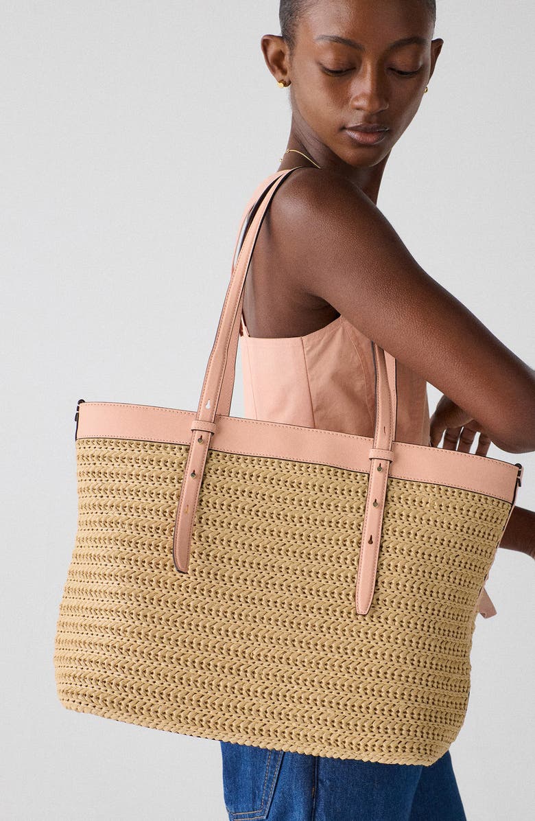 Kate Spade New York large do it all straw & leather tote, Alternate, color, Light Cantaloupe Multi