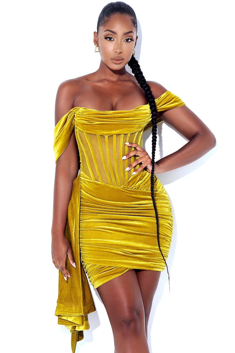 Irisaa Draping Off Shoulder Corset Mini Dress, Main, color, Gold