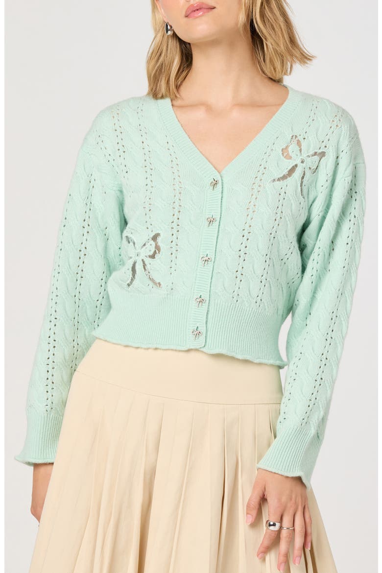 Kalen Open Knit Bow Cardigan, Main, color, SEAFOAM