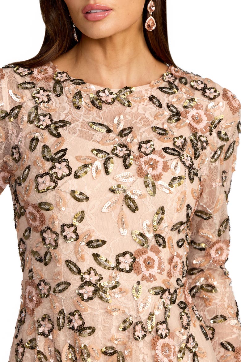 Embellished Lace Floral Long Sleeve A-Line Gown, Alternate, color, Rose Multi