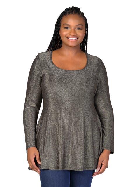 Scoop Neck Long Sleeve Shimmery Fabric Tunic Top
