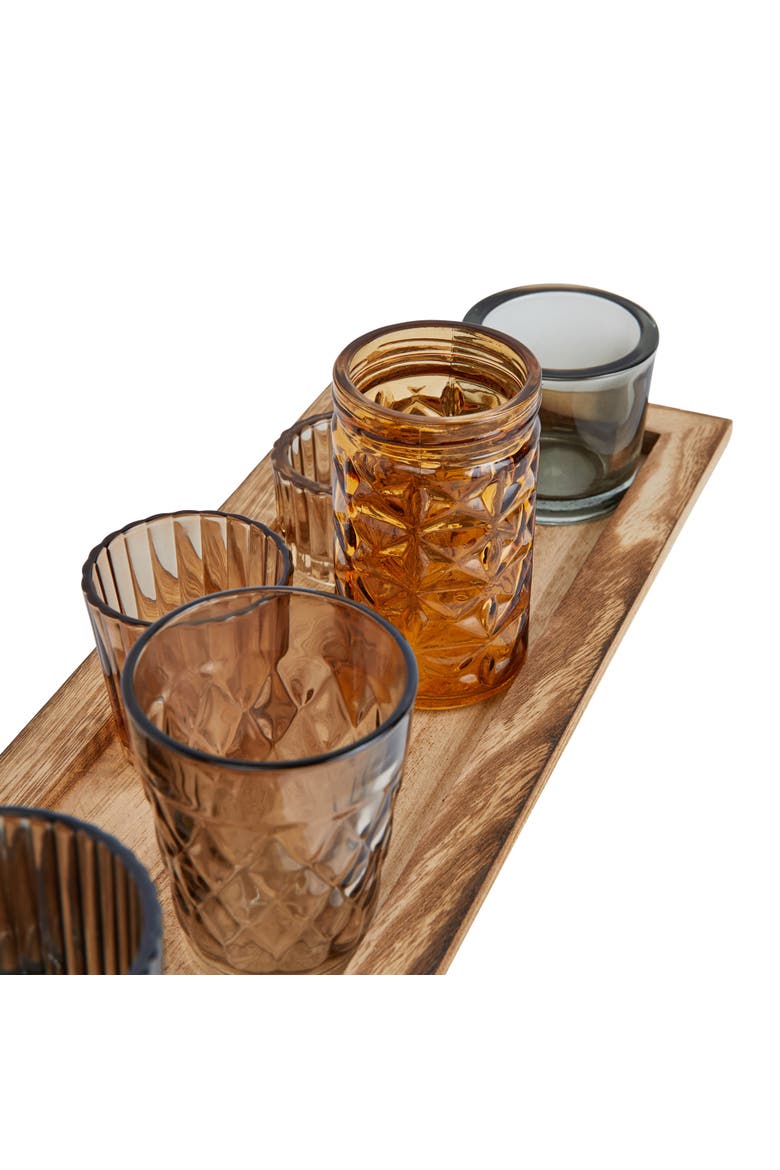 Round Glass Votive Holders on Wood Tray, Brown, Set of 10, Alternate, color, Brown