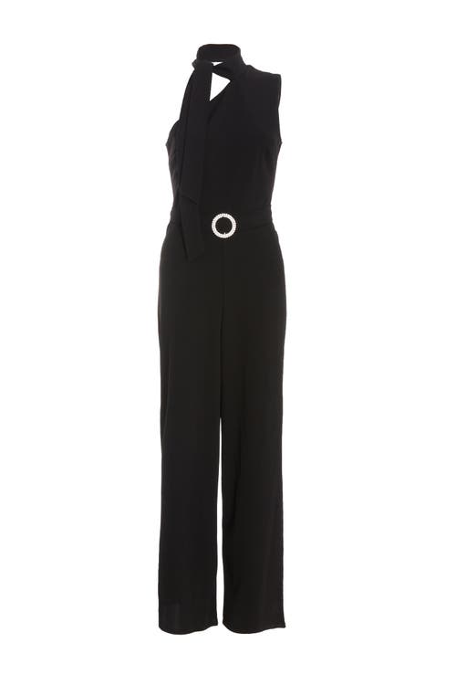 Quiz Scuba Crepe Tie Neck Palazzo Jumpsuit In Black