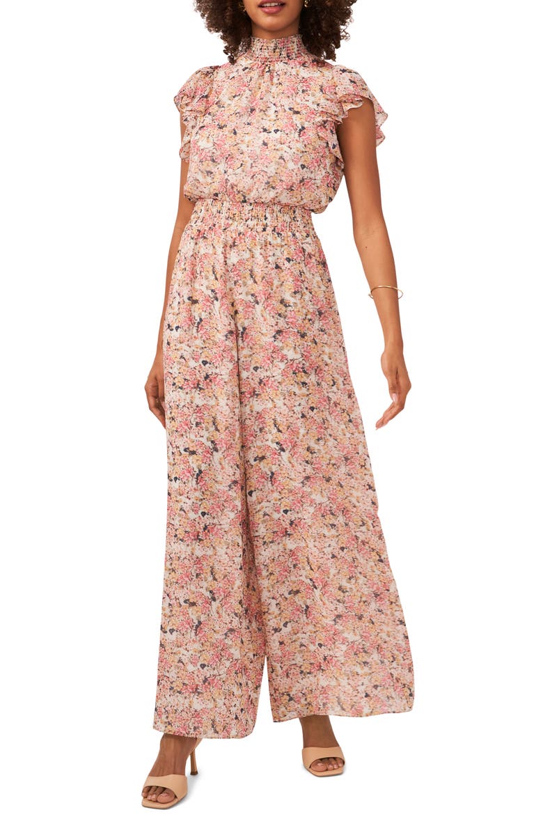 Chaus Floral Flutter Sleeve Mock Neck Jumpsuit, Main, color,