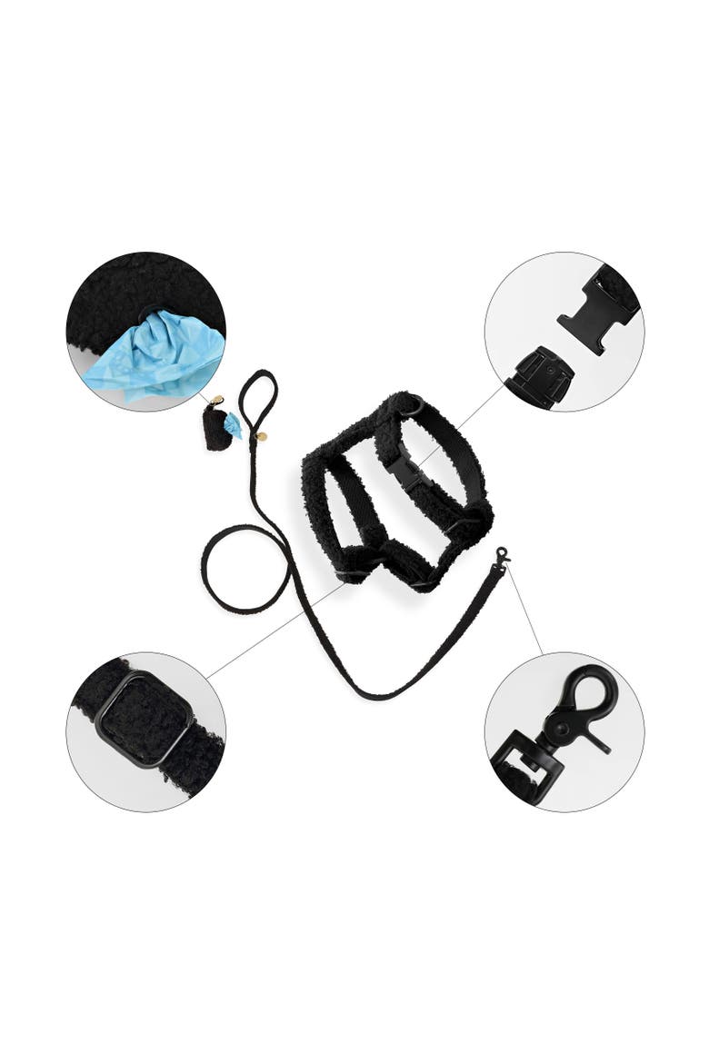 Teddy Bouclé Adjustable H Harness and Leash Walk Set with Poop Bag Pouch, Alternate, color, Black