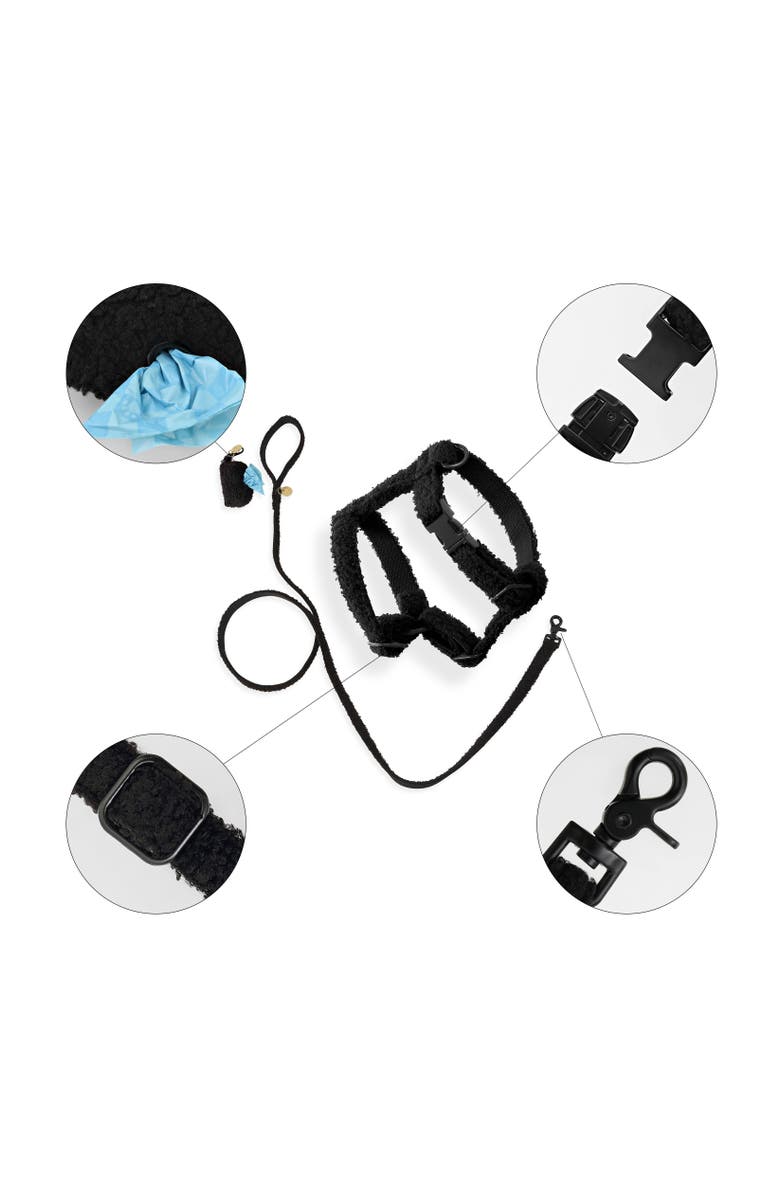 The Licker Store Teddy Bouclé Adjustable H Harness and Leash Walk Set with Poop Bag Pouch, Alternate, color, Black
