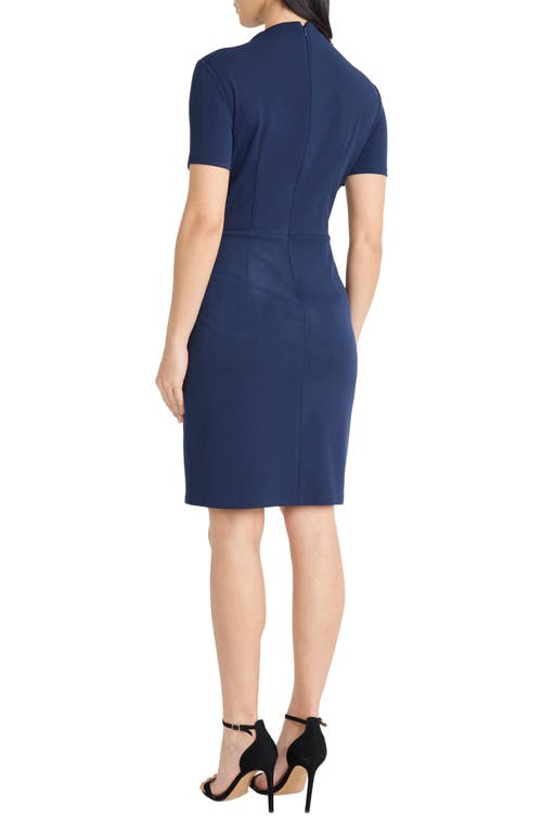 Maggy London Mock Neck Short Sleeve Sheath Dress In Blue