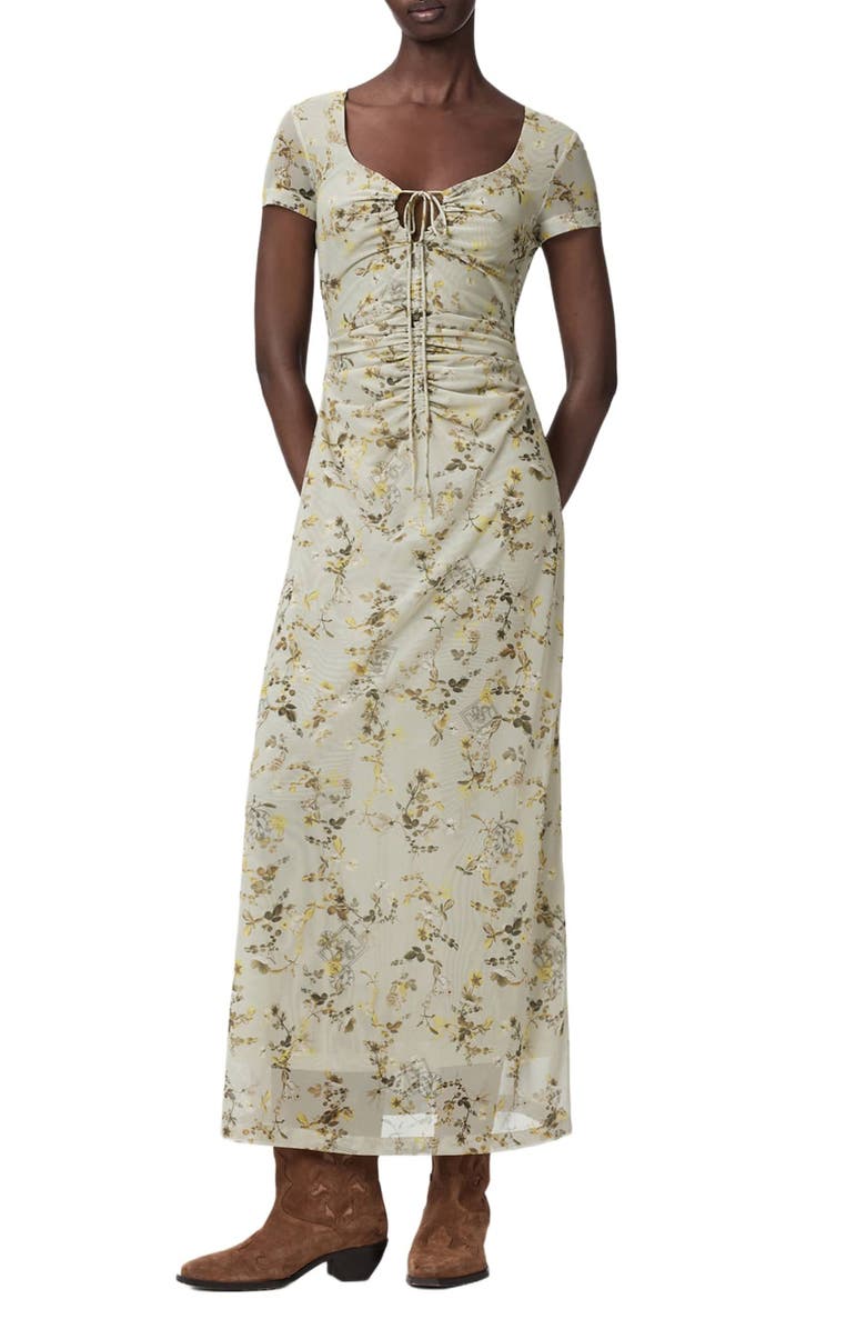 AllSaints Gabby Floral Print Mesh Maxi Dress, Main, color, Carmel Stem Green