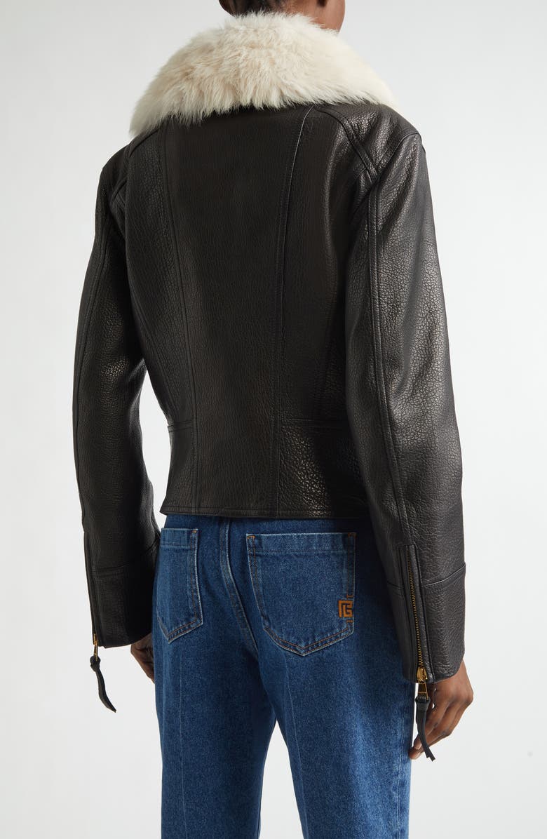 Balmain Genuine Shearling Collar Leather Biker Jacket, Alternate, color, Ecru/Jet Black/ Natural