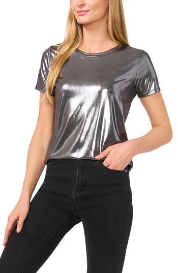 Cece Women's Metallic Shine Short Sleeve T-shirt In Gunmetal Glow