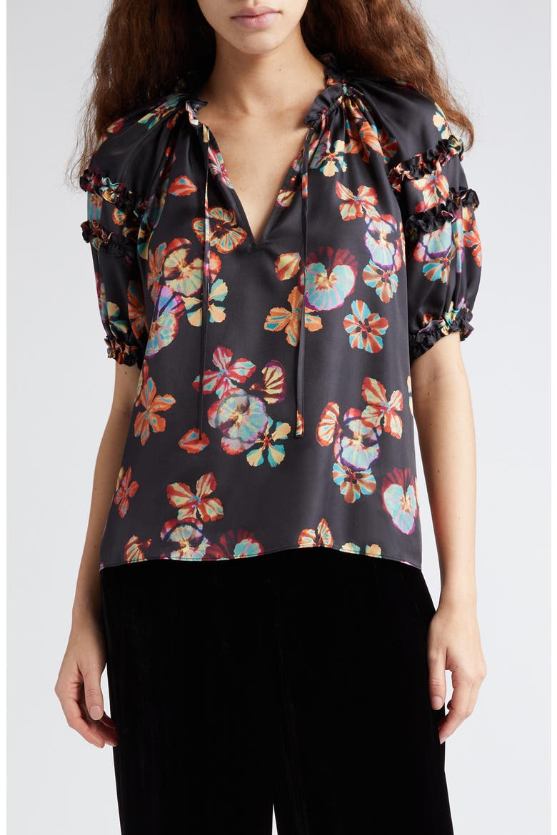 Annabelle Floral Print Puff Sleeve Silk Top, Main, color, LUNE