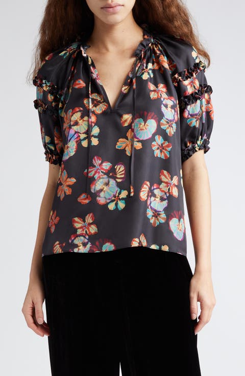 Annabelle Floral Print Puff Sleeve Silk Top