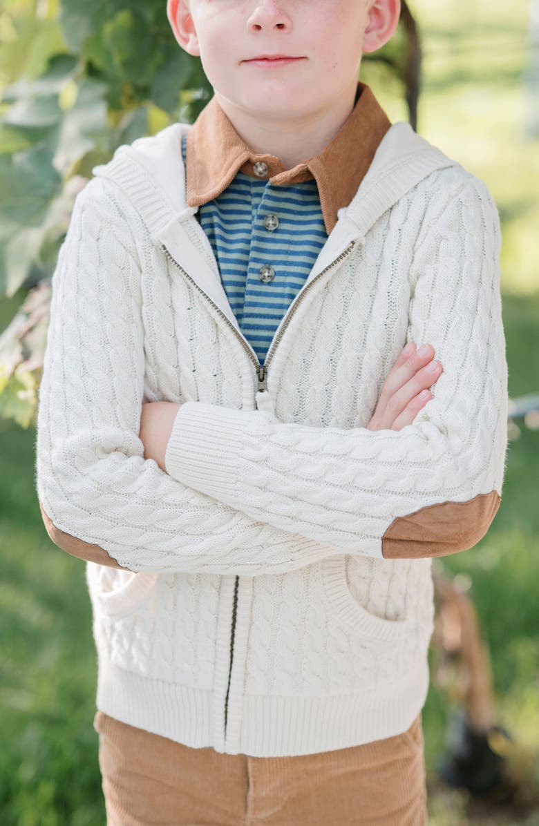 Hope & Henry Kids' Organic Long Sleeve Full Zip Hooded Sweater with Elbow Patches, Alternate, color, Ivory Cable