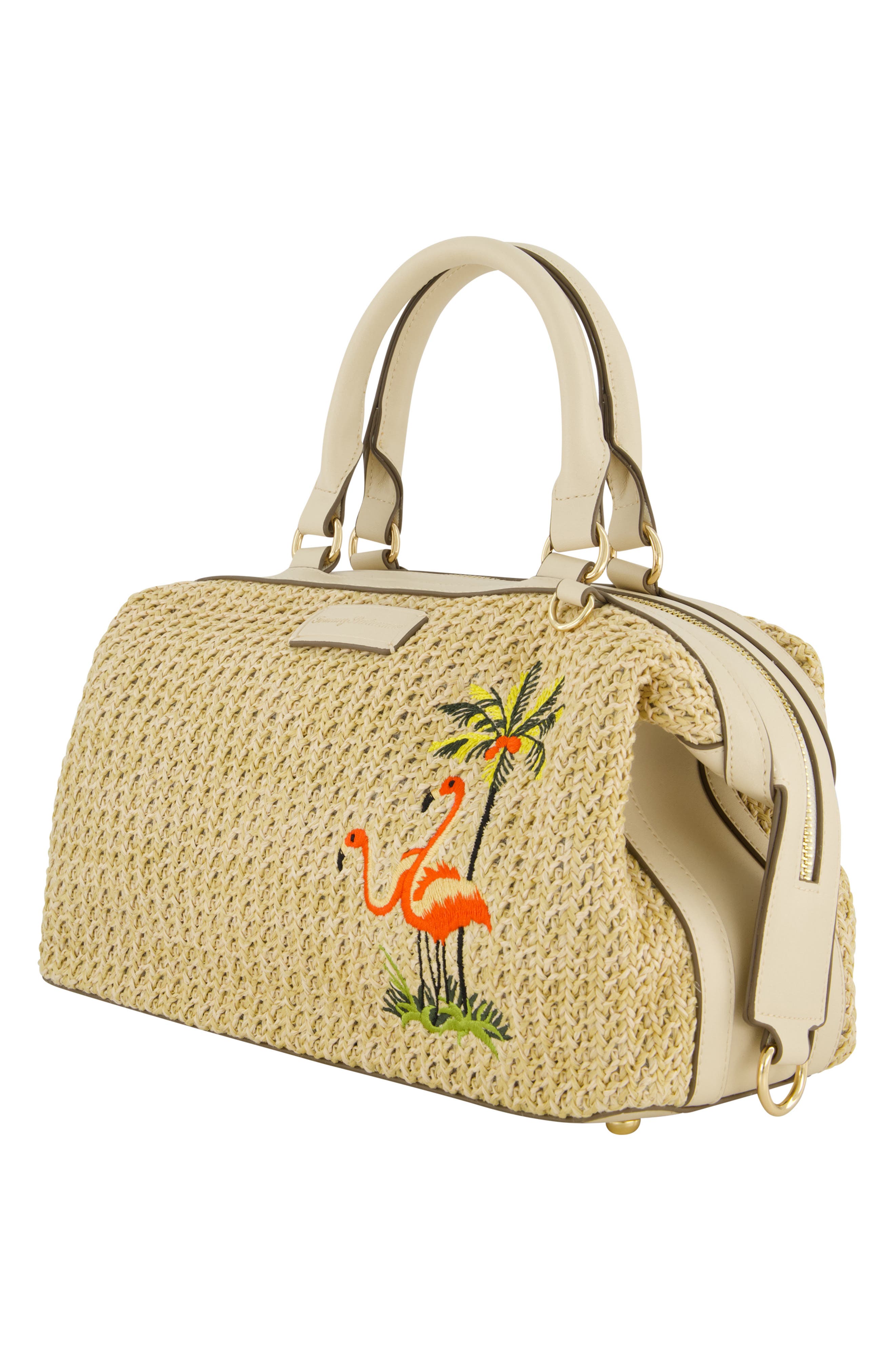 Tommy Bahama Flamingo Embroidered Woven Satchel, Alternate, color, Cream
