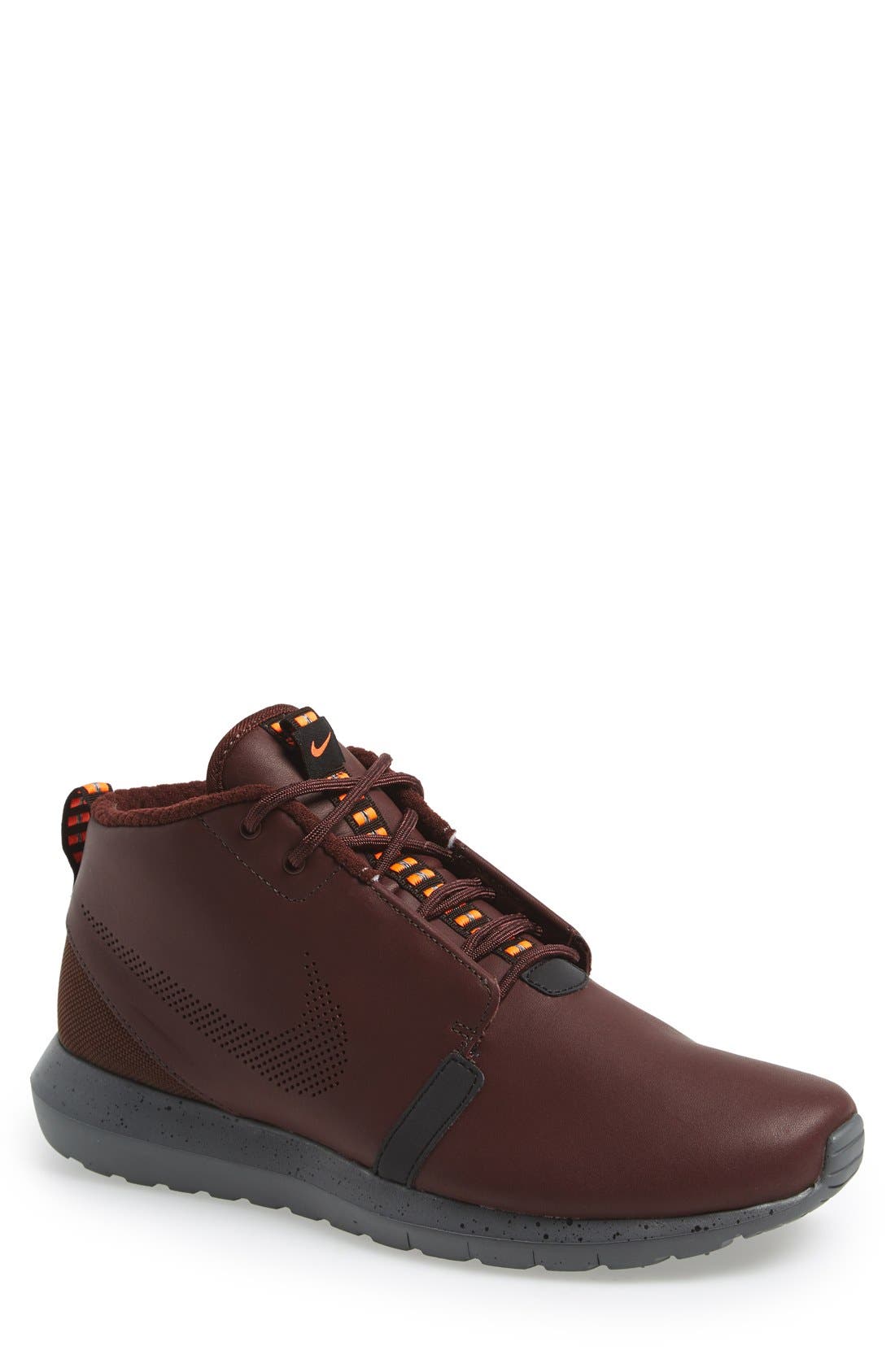 'Roshe Run Premium' Water Resistant Leather Sneaker Boot, Main, color, BARKROOT BROWN/ CEDAR/ CRIMSON