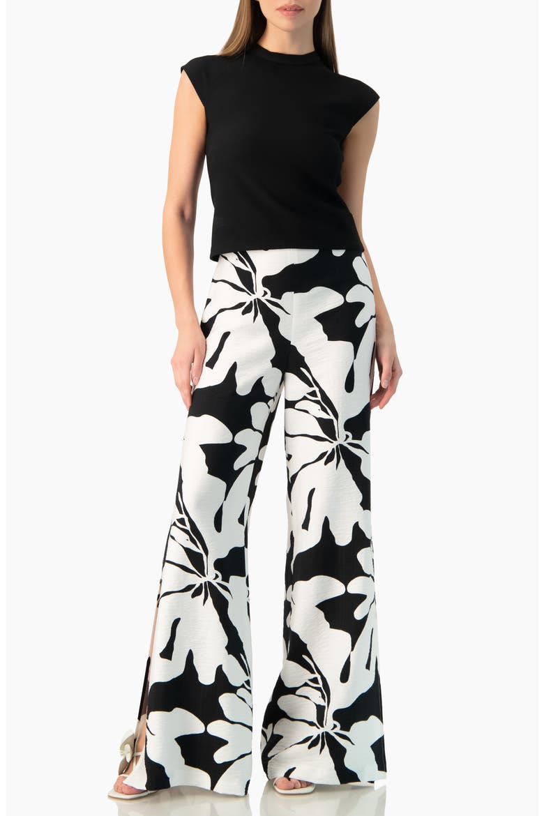 Bold Floral Print High-Waist Wide-Leg Side-Slit Trousers, Alternate, color, Black