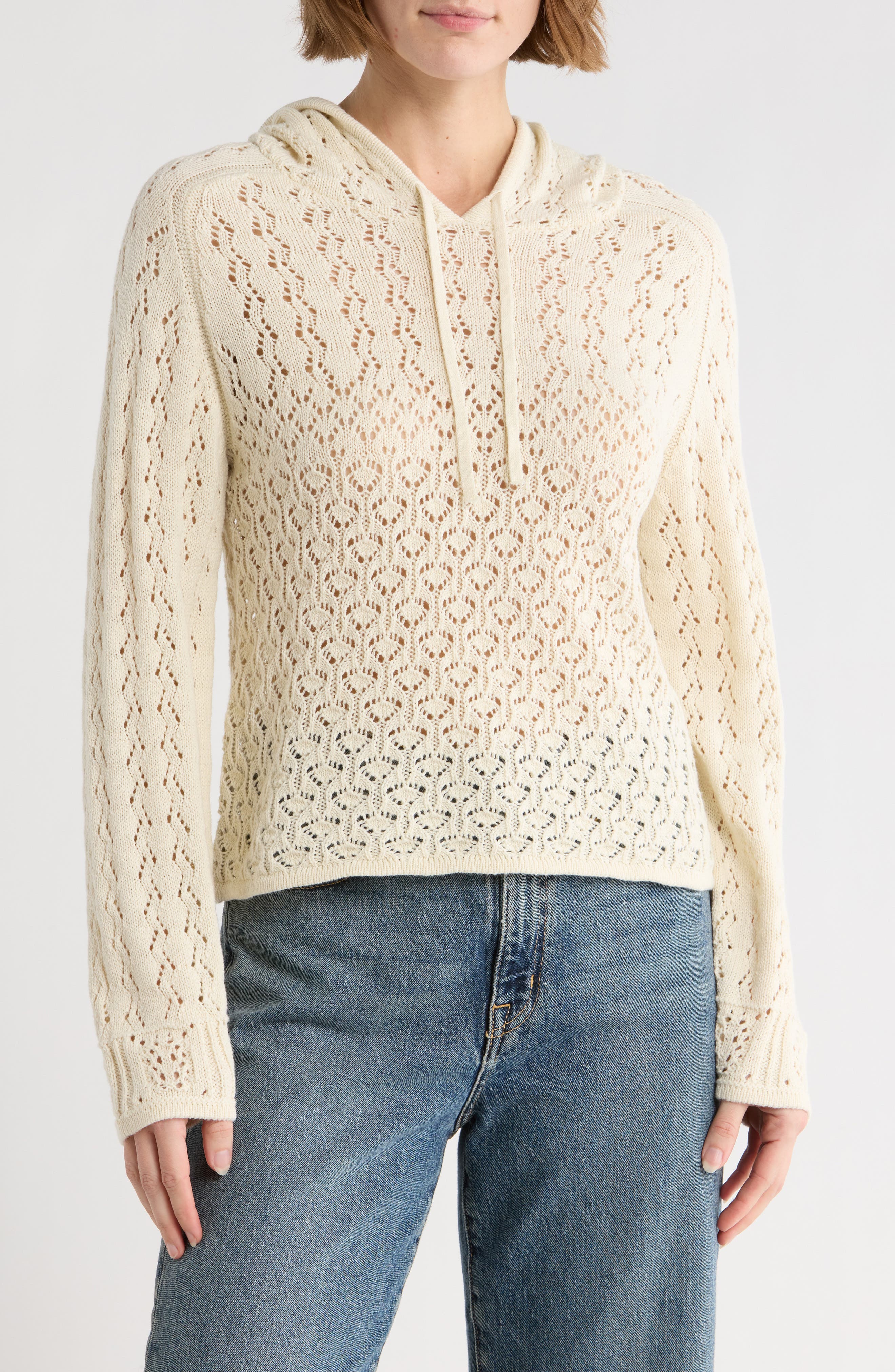 Melrose And Market Open Stitch Hooded Sweater In Neutral