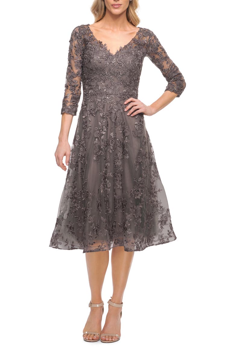 Tea Length Lace Evening Dress with Sleeves, Alternate, color, Gunmetal