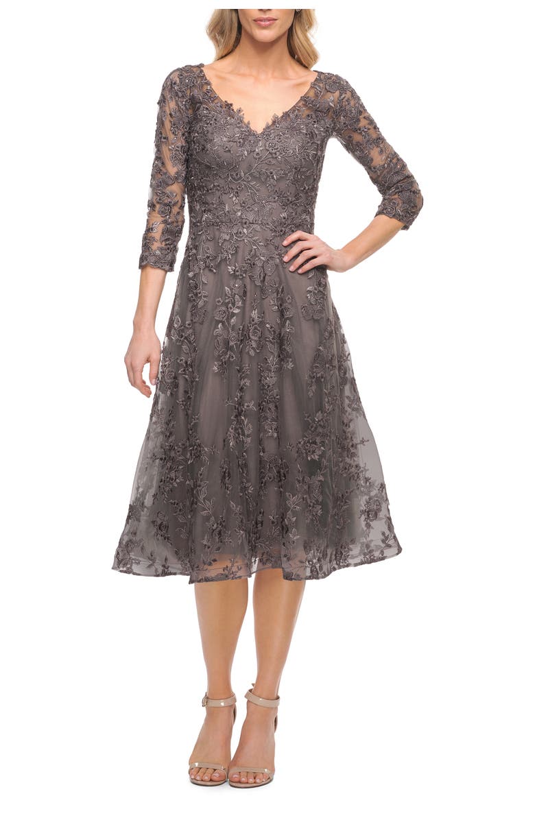 La Femme Tea Length Lace Evening Dress with Sleeves, Alternate, color, Gunmetal