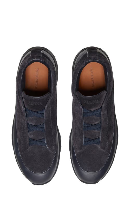 Zegna Navy Blue Leather And Suede Triple Stitch Monte Sneakers In Blue
