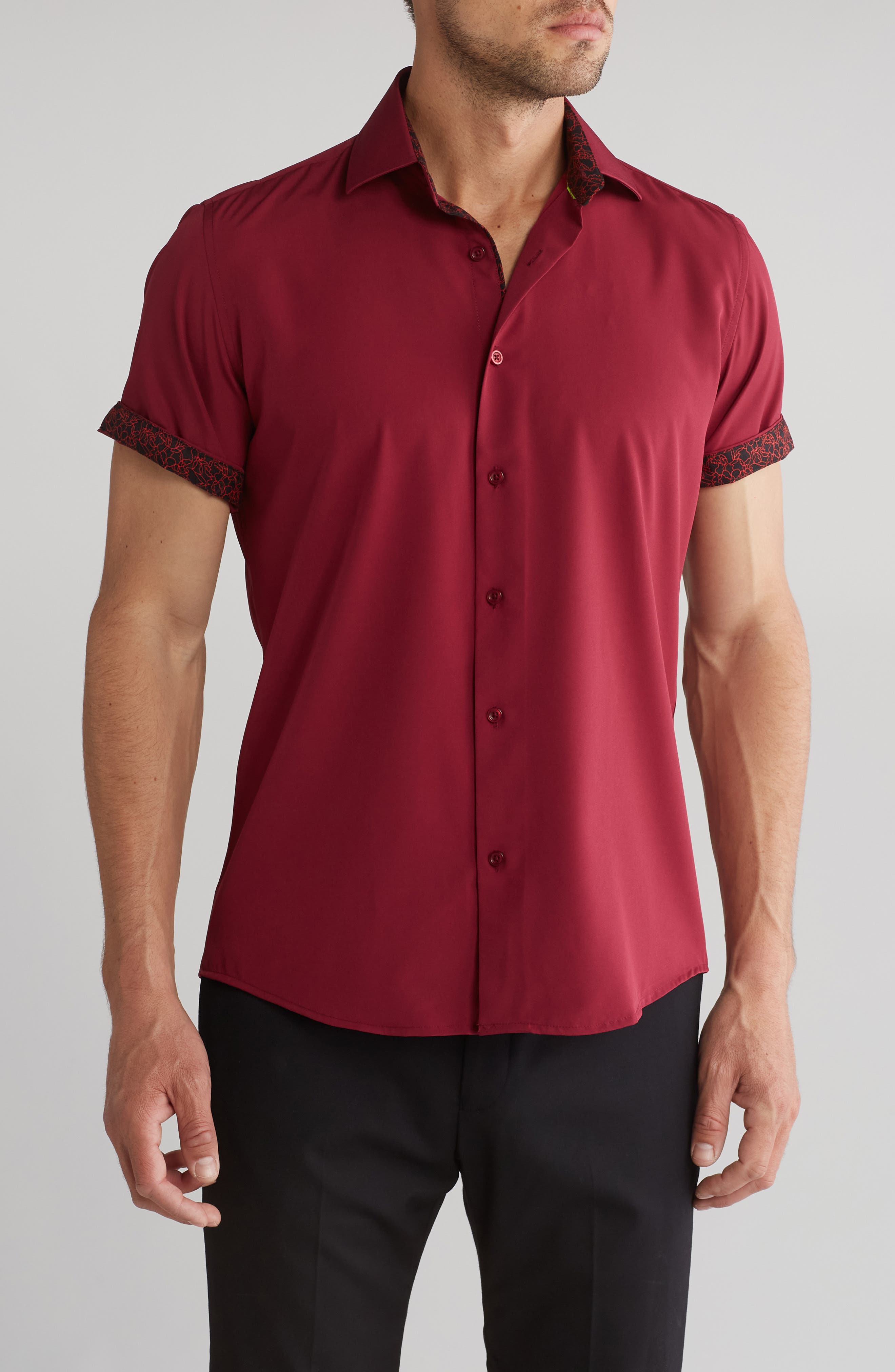 TOM BAINE Slim Fit Performance Stretch Short Sleeve Button-Up Shirt