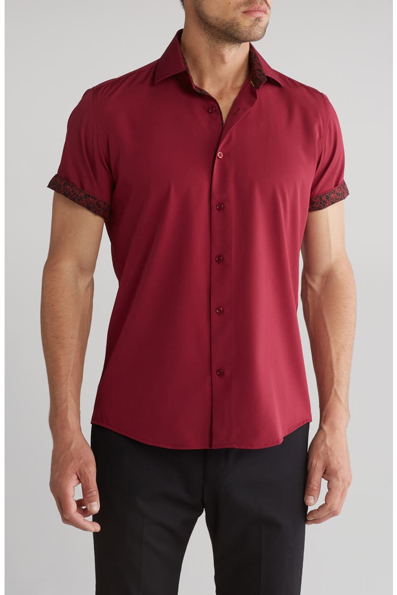 Slim Fit Performance Stretch Short Sleeve Button-Up Shirt, Main, color, BURGUNDY