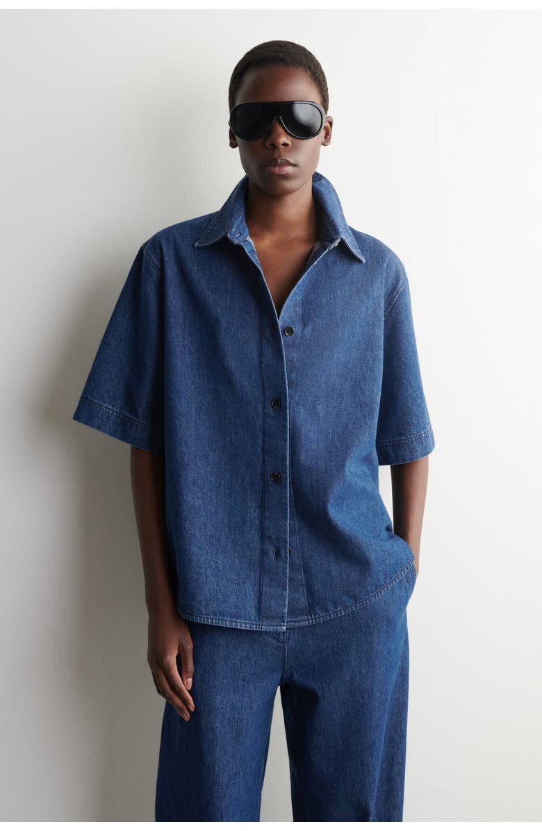 COS Boxy Short-sleeved Denim Shirt, Main, color, Dark Blue