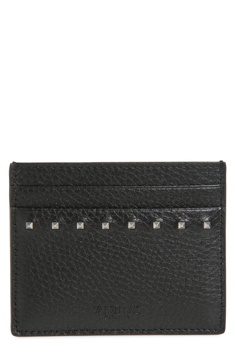 Rockstud Leather Card Holder, Main, color, BLACK