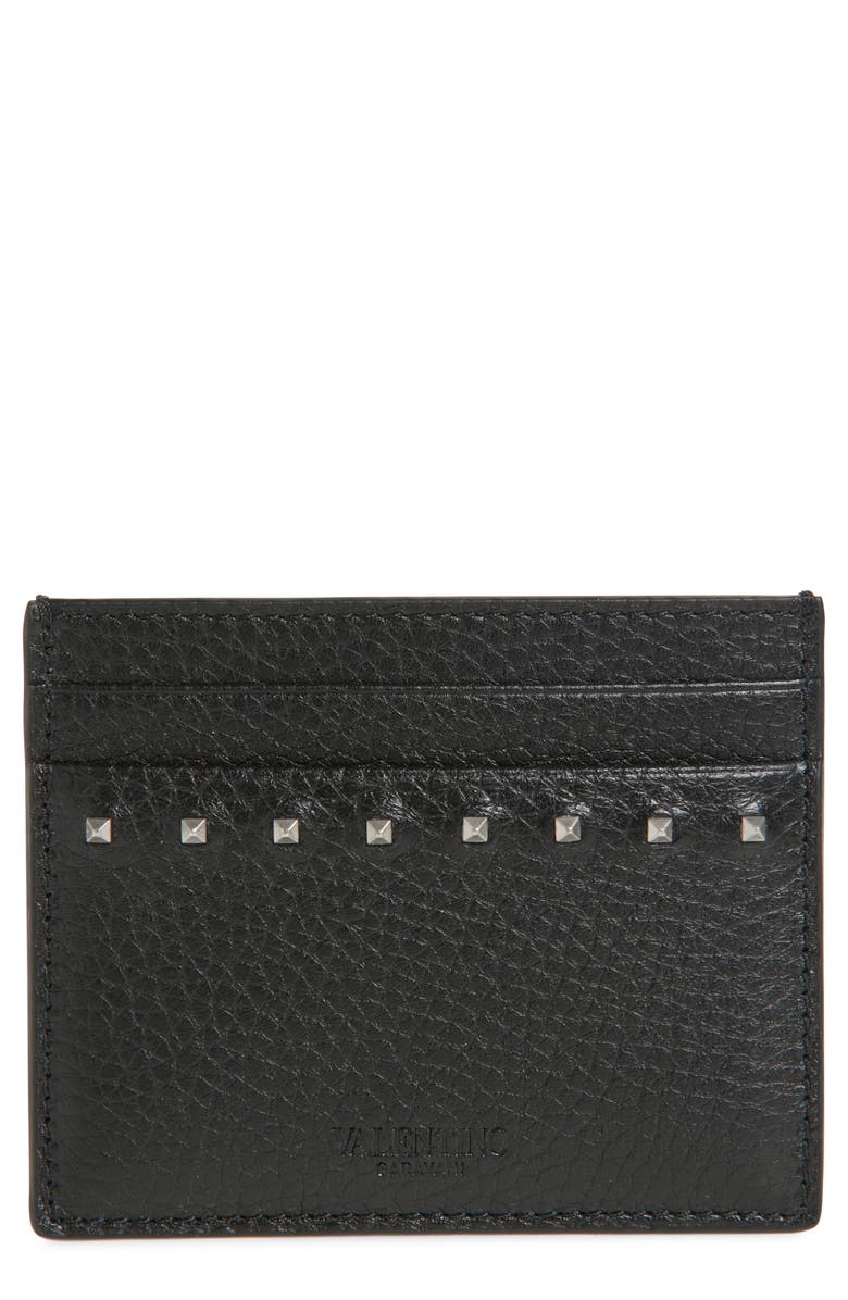 Valentino Garavani Rockstud Leather Card Holder, Main, color, Black