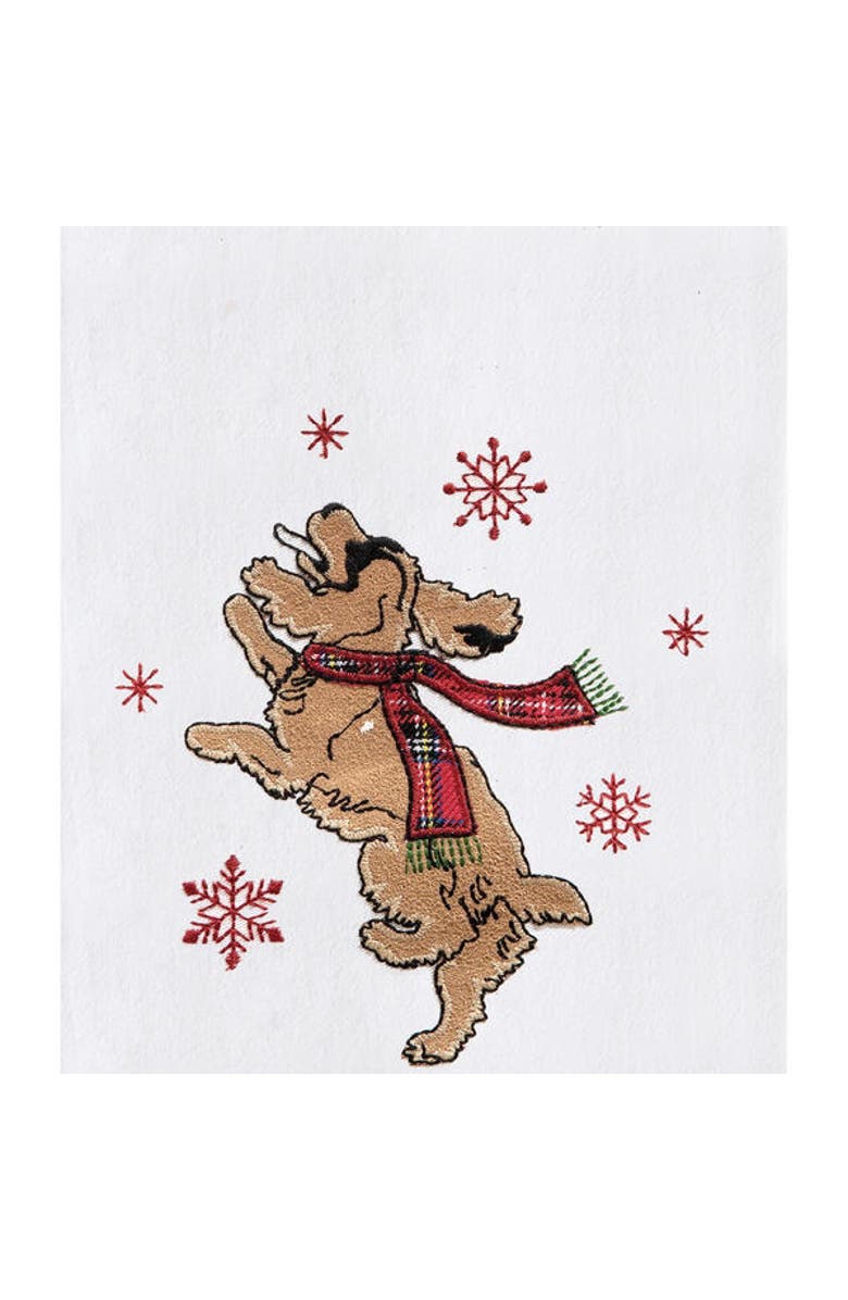 C&F Home Festive Dog Jumping Christmas Holiday Machine Washable Embellished Flour Sack Kitchen Towel 27L x 18W in., Alternate, color, Off-White