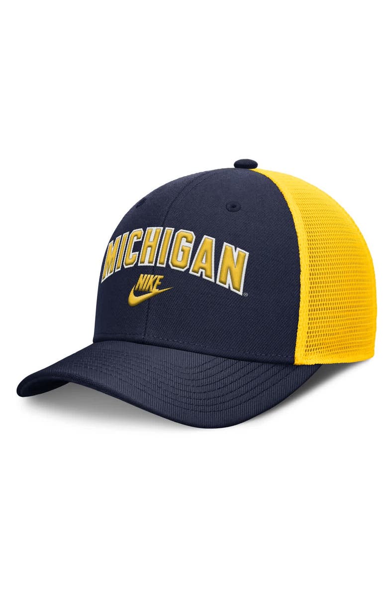 Nike Men's Nike Navy/Maize Michigan Wolverines Legacy Arch Rise Performance Trucker Adjustable Hat, Main, color,
