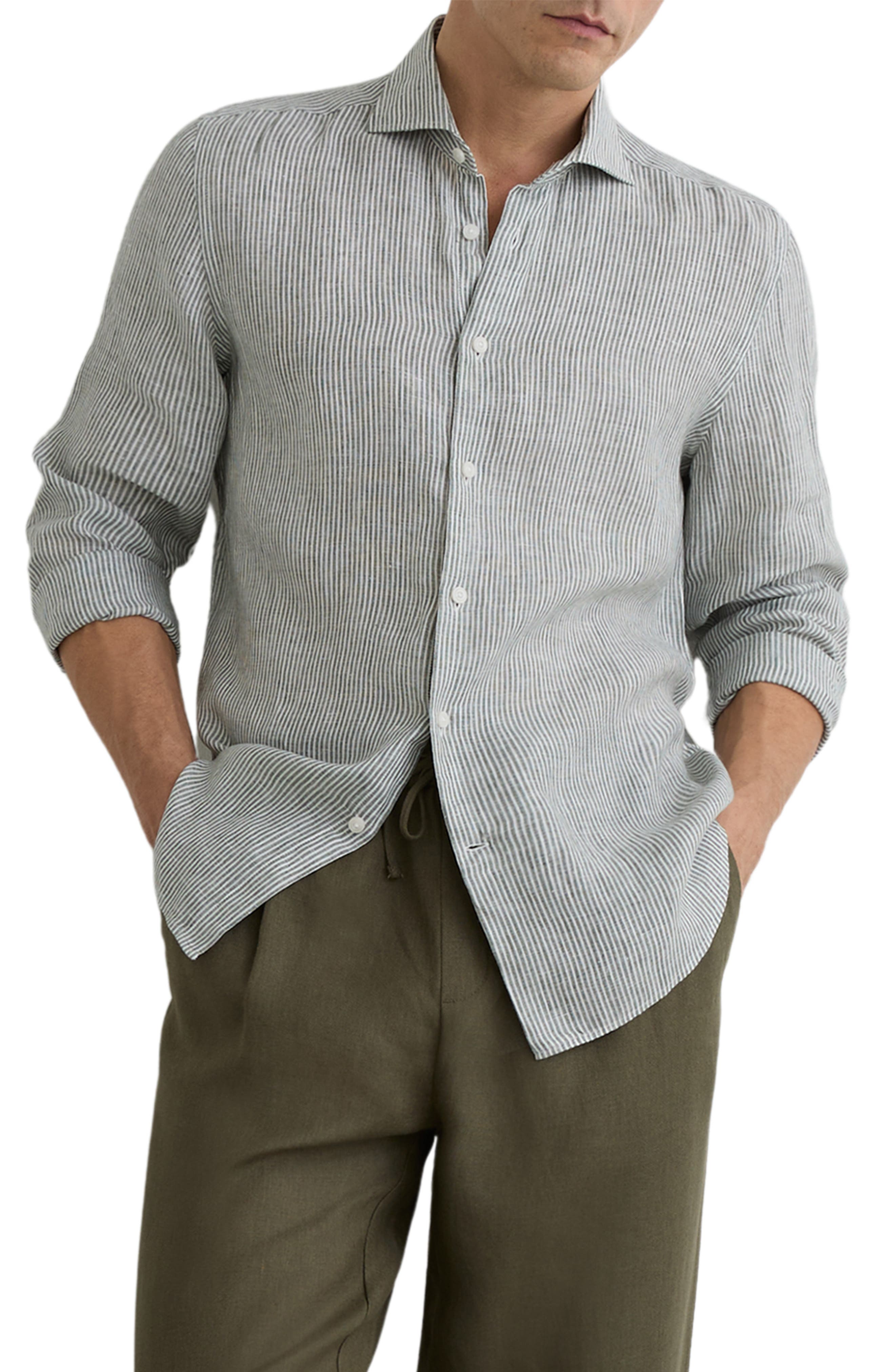 Reiss Ruban Stripe Linen Button-Up Shirt