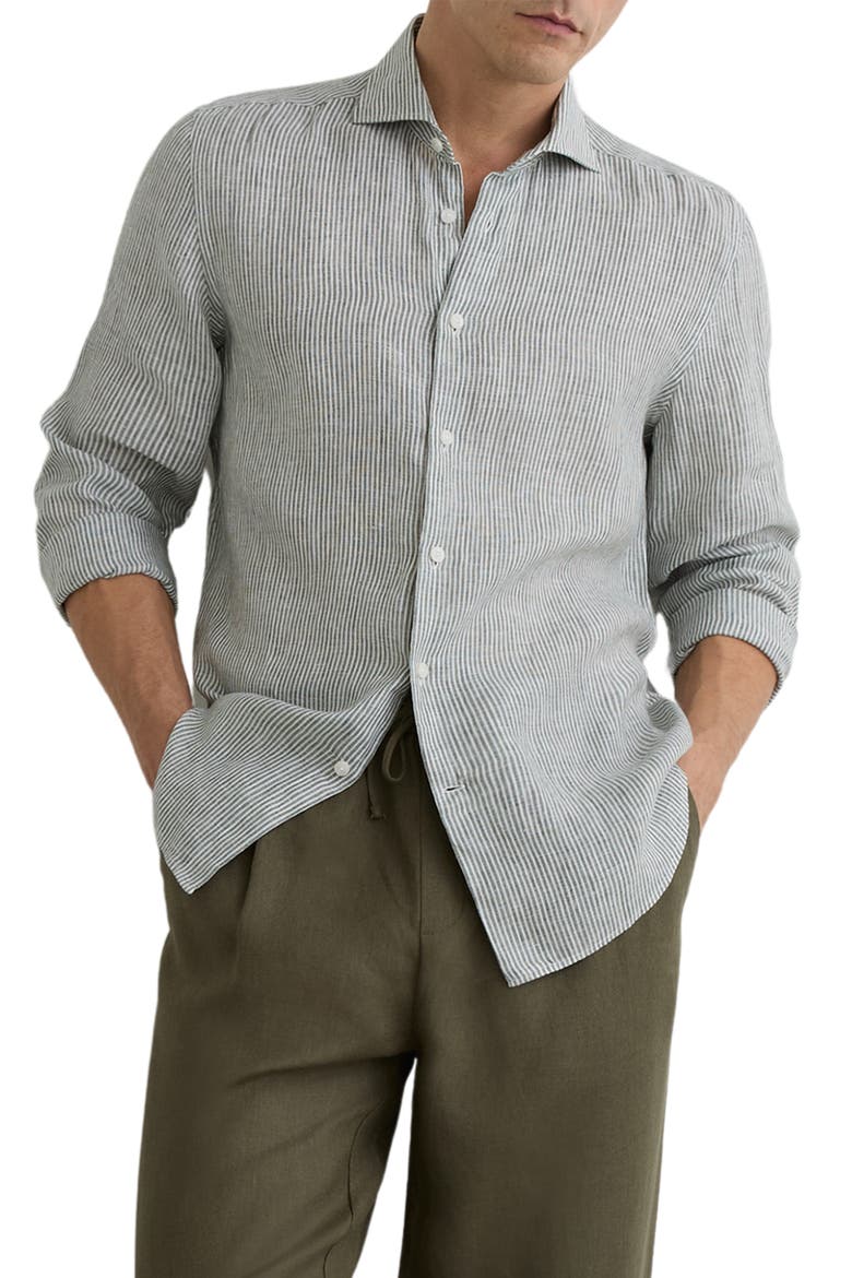Ruban Stripe Linen Button-Up Shirt, Main, color, DARK SAGE/ WHITE