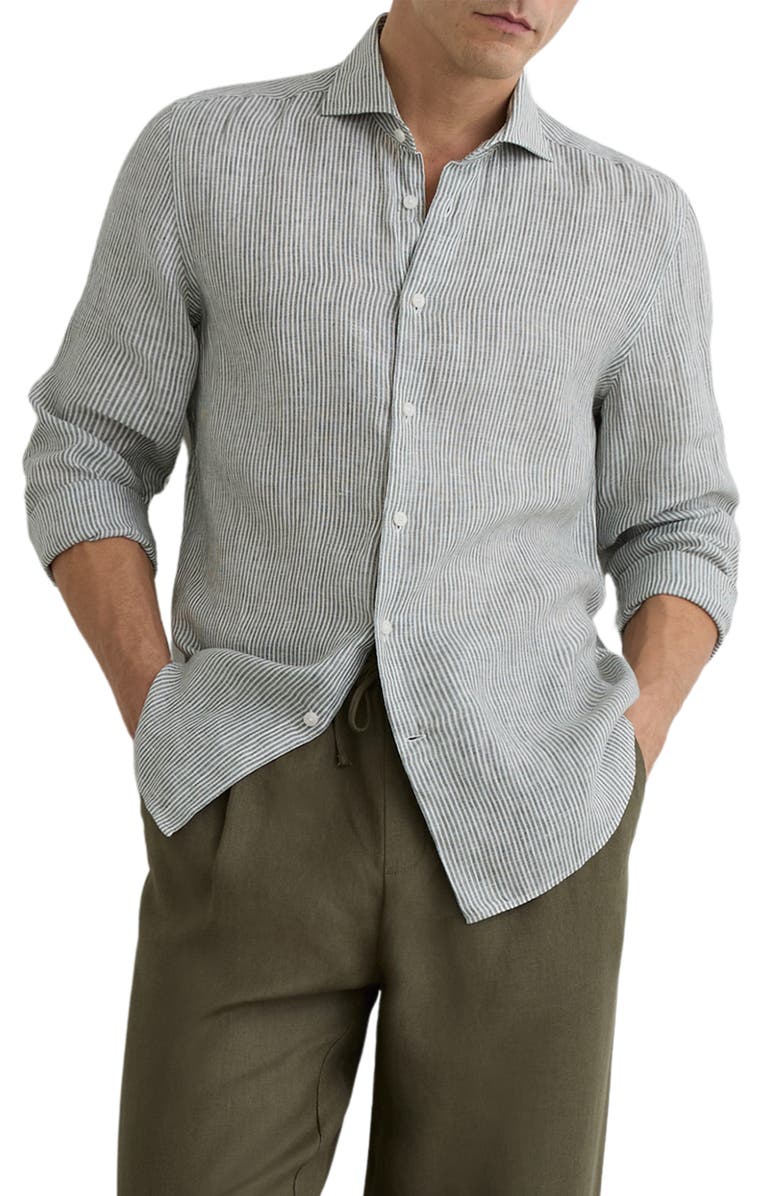 Reiss Ruban Stripe Linen Button-Up Shirt, Main, color, Dark Sage/ White