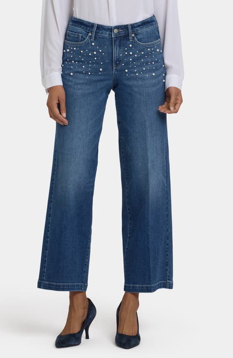 Teresa Rhinestone & Faux Pearl Wide Leg Jeans (Plus)