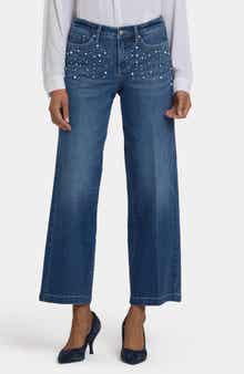 NYDJ Teresa Rhinestone & Faux Pearl Wide Leg Jeans