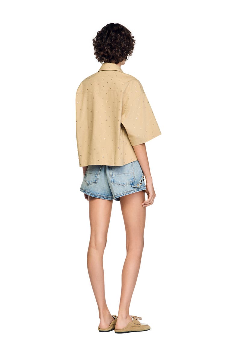Cotton shirt with rhinestones, Alternate, color, Beige