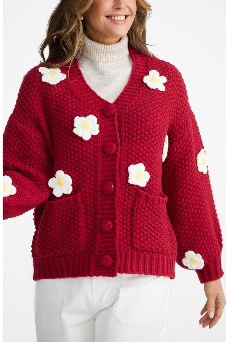 Budburst Crochet Appliqué Knit Cardigan, Alternate, color, CHERRY