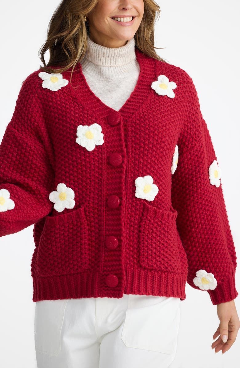 Brave+True Budburst Crochet Appliqué Knit Cardigan, Alternate, color, Cherry