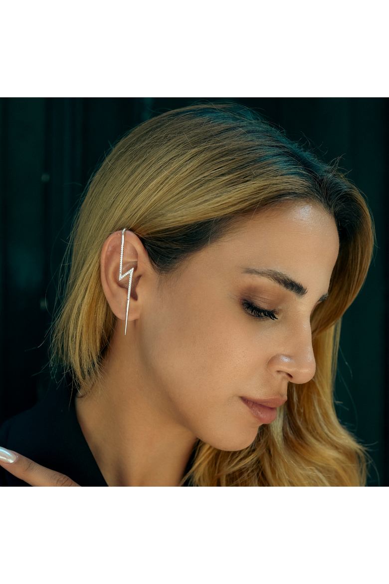 Sterling Silver Lightning Bolt Ear Crawler With White Gemstones, Alternate, color, Silver