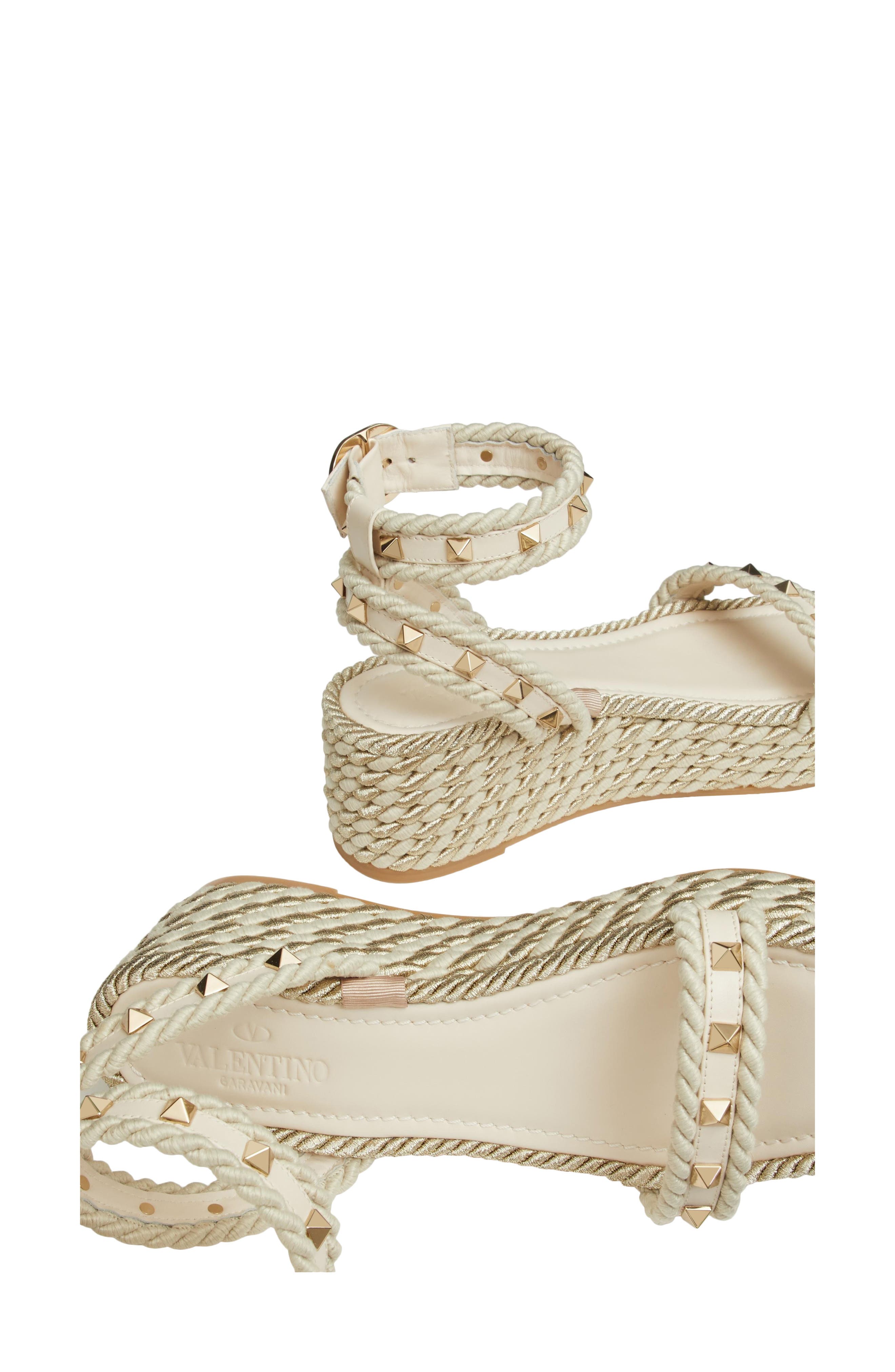 Valentino Garavani Rockstud Flatform Espadrille Sandal, Alternate, color, Light Ivory